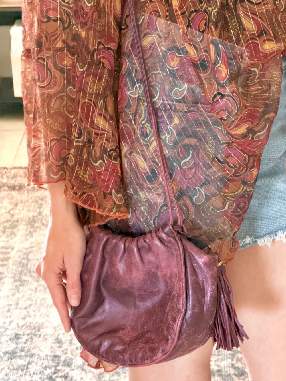 Vintage Ganson San Francisco Metallic Burgundy Leather Mini Bag Tassel Y2K Boho